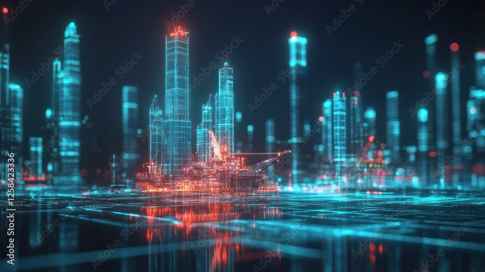 Fototapeta premium Futuristic city skyline with digital oil rig.