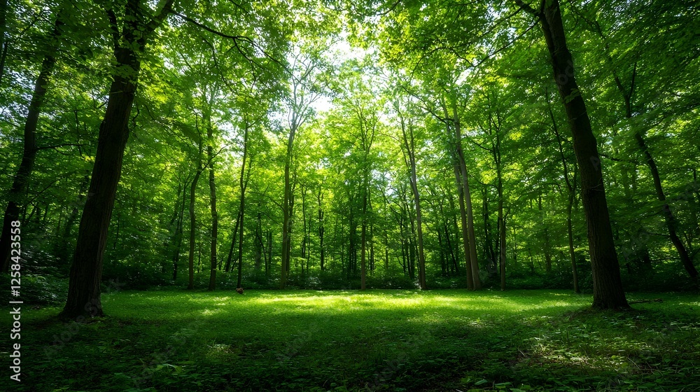 Naklejka premium Sun Dappled Forest Path Lush Green Canopy Sunlight Summer Nature