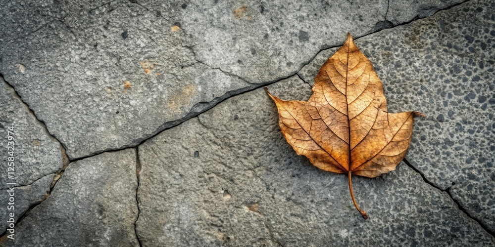 A single, dried autumn leaf rests on a fractured stone surface A single, dried autumn leaf rests on a fractured stone surface