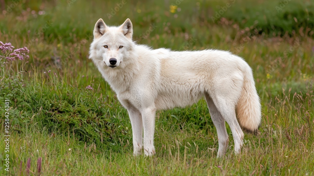 A majestic Arctic wolf stands in a lush green landscape, showcasing its striking white fur and keen expression. A majestic Arctic wolf stands in a lush green landscape, showcasing its striking white fur and keen expression.