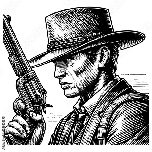 cowboy holding gun on desert sketch engraving black and white outline. Scratch board imitation.
