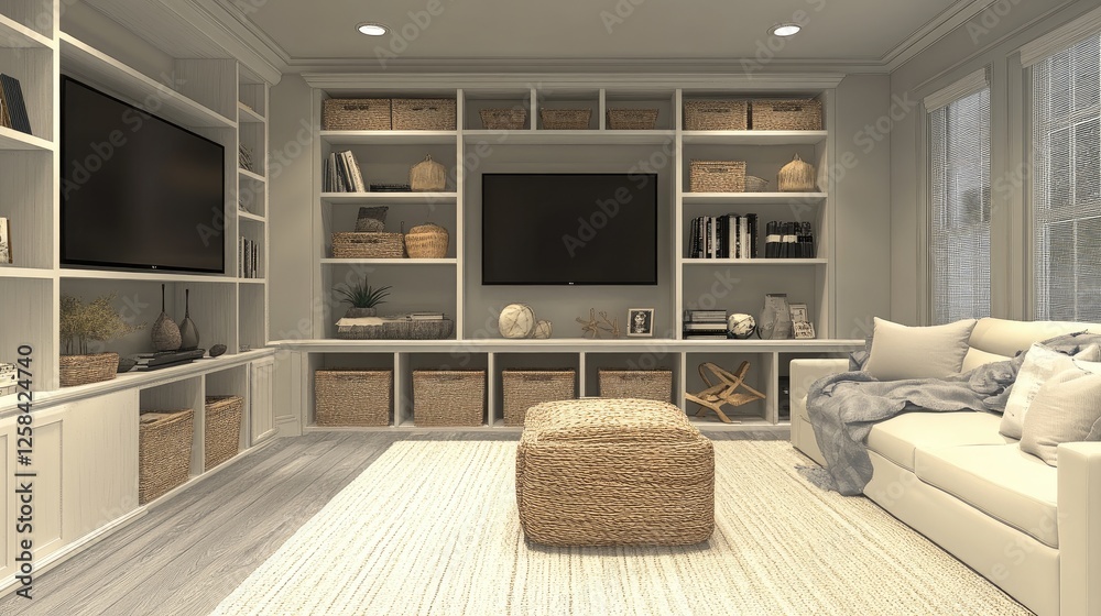 Family room with a clutter-free layout, open shelving for books, and neatly organized storage baskets for a clean, organized space