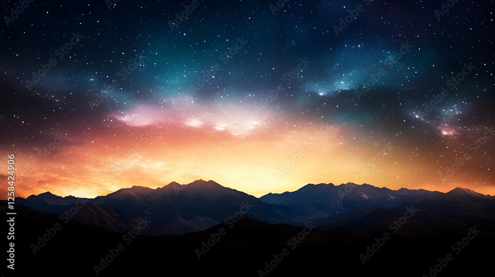 Fototapeta premium Starry Night Sunset Over Silhouetted Mountains