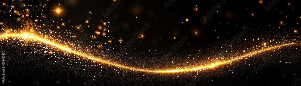 Fototapeta premium A swirling golden glitter trail sparkles against a black background