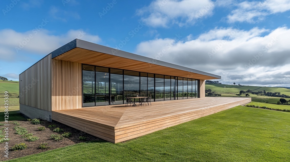 Fototapeta premium Modern wooden house with large windows and deck overlooking green hills under a blue sky.