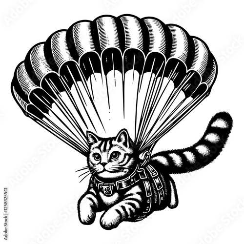 Cat wear parachute sketch engraving black and white outline. Scratch board imitation.
