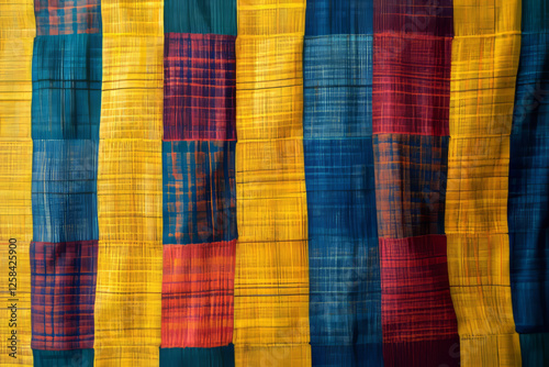 Textured Ghanaian kente cloth with bold yellow, red, and blue stripes, showcasing authentic African weaving traditions. photo