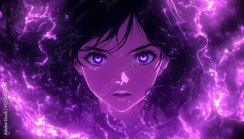 Anime girl, purple energy aura, intense expression, digital art, possible use in game art or digital illustration photo