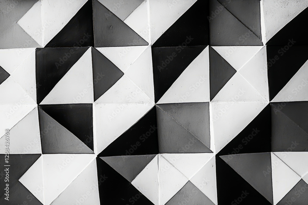 Obraz premium Overlapping triangle patterns in shades of black, white, and gray, forming a modern, minimalist abstract design.