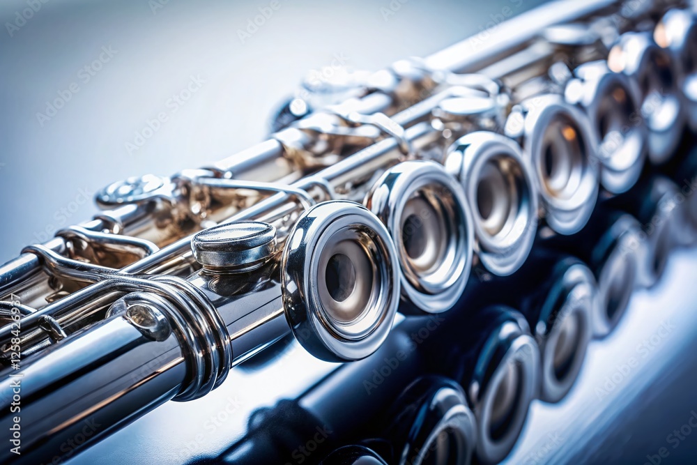 Fototapeta premium Silver Flute Detail, Close-up Macro Shot on White Background - Elegant Musical Instrument