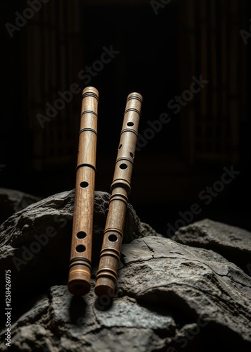 Three traditional flutes made from natural materials placed on a rocky surface bamboo house background beautiful bamboo asian seaport baltic sea antebellum