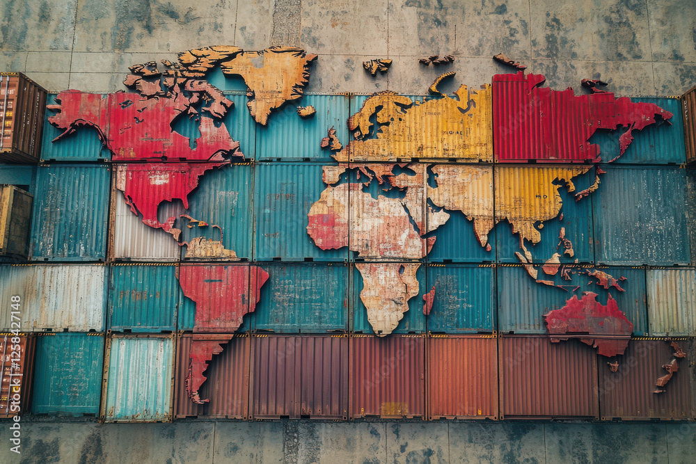 Fototapeta premium Overhead view of shipping containers in a port in the shape of a world map