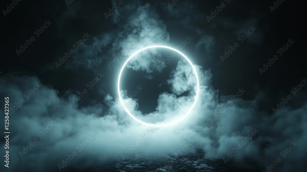 Fototapeta premium Fog cloud illuminated with striking white neon ring, great detail, dark night atmosphere generative ai