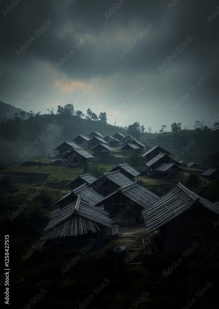 A panoramic view of a tribal settlement with bamboo huts scattered across a hillside each with its unique design and character bamboo house background beautiful bamboo asian seaport baltic sea antebel