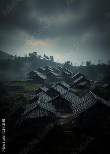 Obraz na płótnie A panoramic view of a tribal settlement with bamboo huts scattered across a hillside each with its unique design and character bamboo house background beautiful bamboo asian seaport baltic sea antebel w salonie