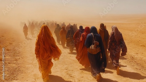 Refugees walking in desert during sandstorm, climate migration photo