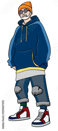 Hand drawing of an old man stylishly dressed teenagers