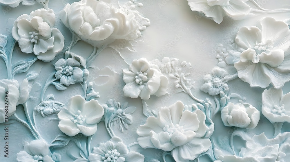 Elegant 3D Embossed White Flowers on Light Blue Background Elegant 3D Embossed White Flowers on Light Blue Background