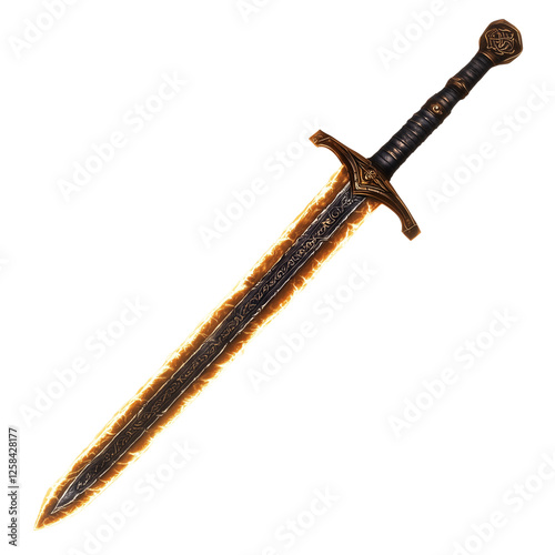 A mythical sword with a glowing blade and ancient engravings, isolated