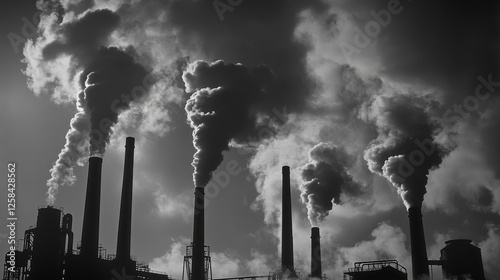 Red white chimneys with smoke, pipes with steam set. Industrial smog clouds, factory or plant flues isolated on blu sky background, environmental air pollution concept realistic vector