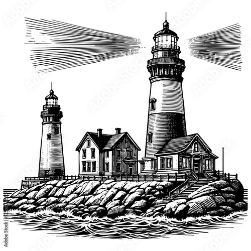 light house sketch engraving black and white outline. Scratch board imitation.
