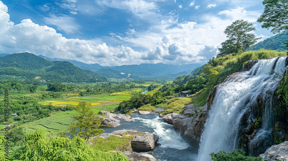 Waterfall cascade at beautiful nature cartoon panoramic landscape. River stream flowing from rocks and fall to creek or lake with green hills and fields under blue sky with clouds, Vector Waterfall cascade at beautiful nature cartoon panoramic landscape. River stream flowing from rocks and fall to creek or lake with green hills and fields under blue sky with clouds, Vector