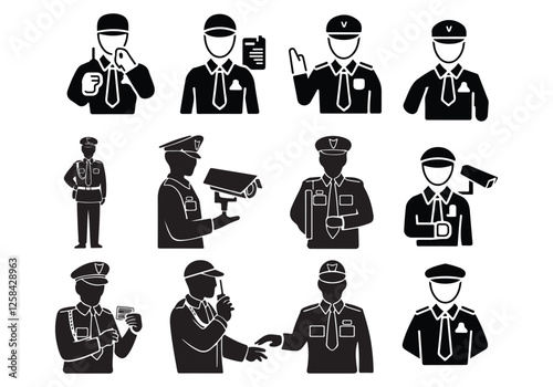 Vector Set of Police Officers, Security Guards, and Surveillance Icons in Black and White Design