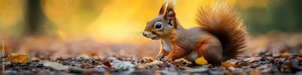 A small mammal stands amidst a heap of autumn foliage A small mammal stands amidst a heap of autumn foliage