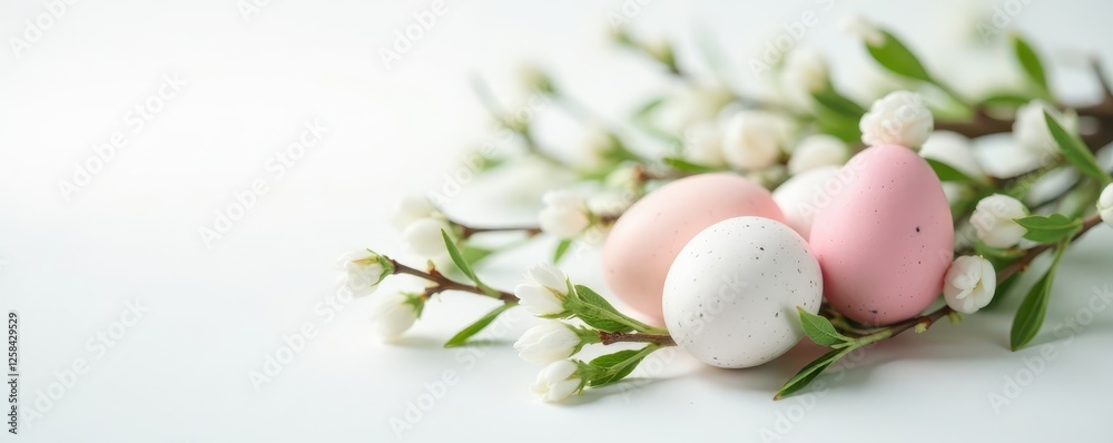 Delicate willow branches weave around pastel speckled eggs on pristine white background , flatlay, easter celebration, easter bunny Delicate willow branches weave around pastel speckled eggs on pristine white background , flatlay, easter celebration, easter bunny