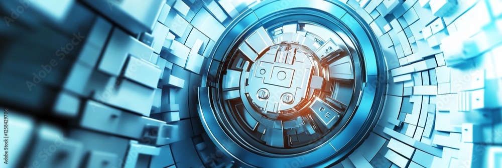 Obraz premium Abstract blue tech background with geometric shapes and central glowing core.