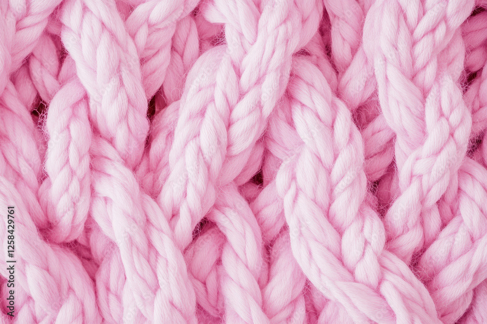Thick, chunky crochet yarn texture, hand-knitted in a soft, pastel pink hue, showing individual loops and fibers.