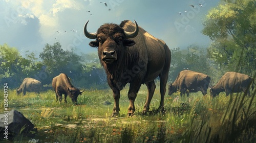 Majestic Aurochs in a Verdant Meadow