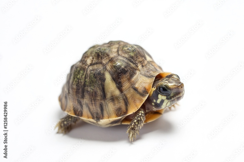 A small turtle is photographed in close-up, sitting on a white surface A small turtle is photographed in close-up, sitting on a white surface