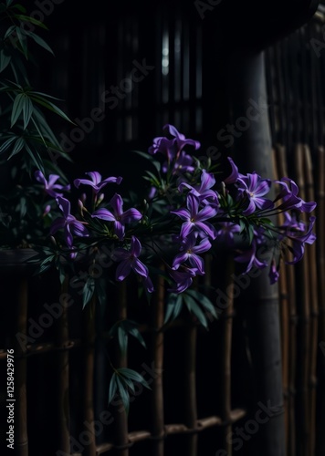 Obraz na płótnie Purple flowers on bamboo fence bamboo house background beautiful bamboo asian seaport baltic sea antebellum w salonie
