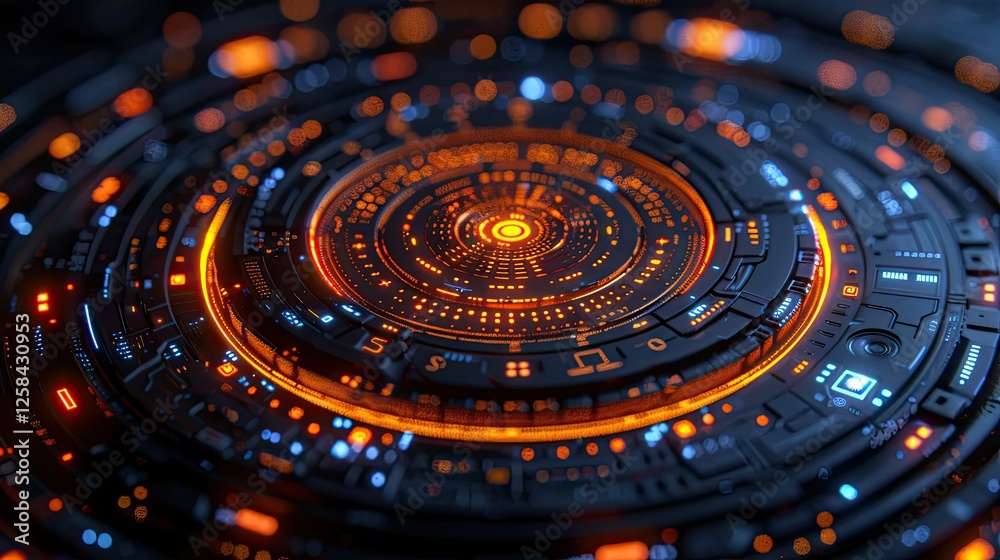 Futuristic Circular Technological Interface Glowing Orange and Blue Futuristic Circular Technological Interface Glowing Orange and Blue