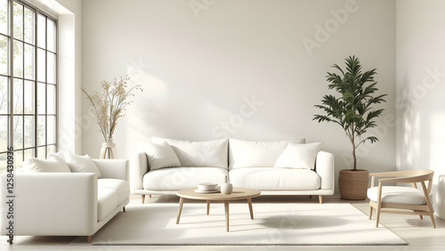 Serene Neutral Tones: A minimalist living room with soft beige walls, simple white furniture, and subtle wood accents.