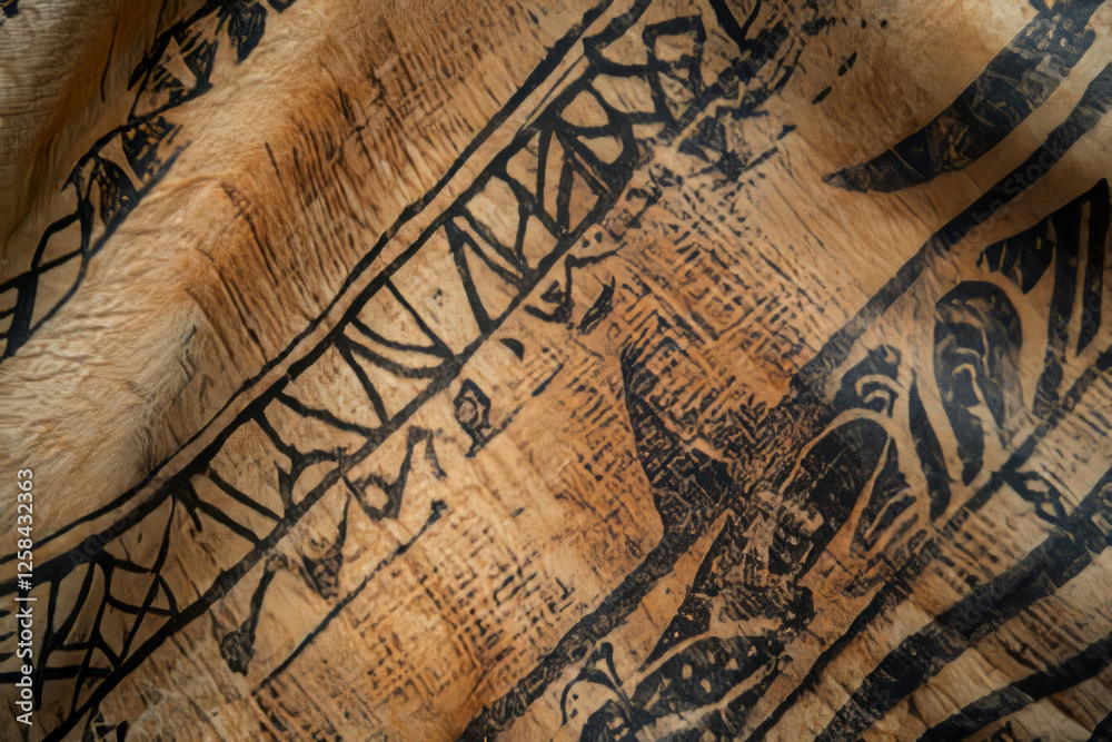 Obraz premium Ultra-detailed Hawaiian tapa cloth texture, rough bark fibers dyed with traditional island motifs.