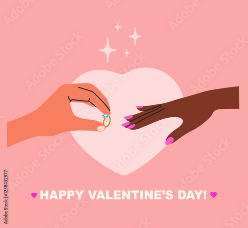 Male hand holding engagement ring. Man makes a marriage proposal to a woman. Flat style cartoon vector illustration.