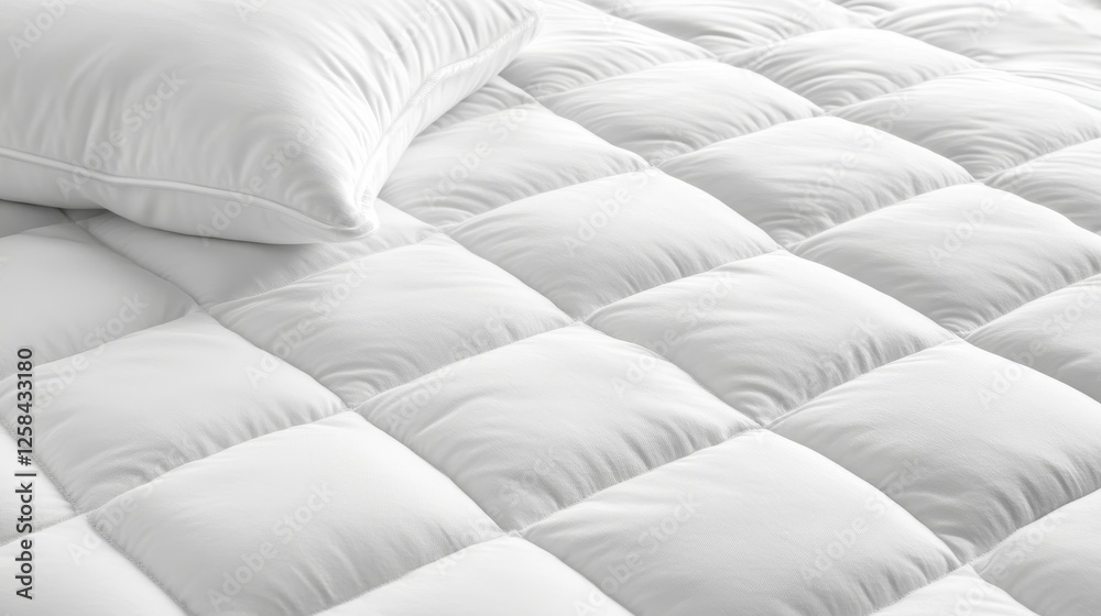Fototapeta premium Elegant White Mattress Topper Quilted Pattern and Soft Pillow Detail
