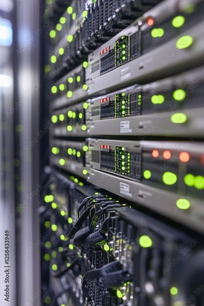Close-up of multiple server racks with green power lights on in a data center Close-up of multiple server racks with green power lights on in a data center