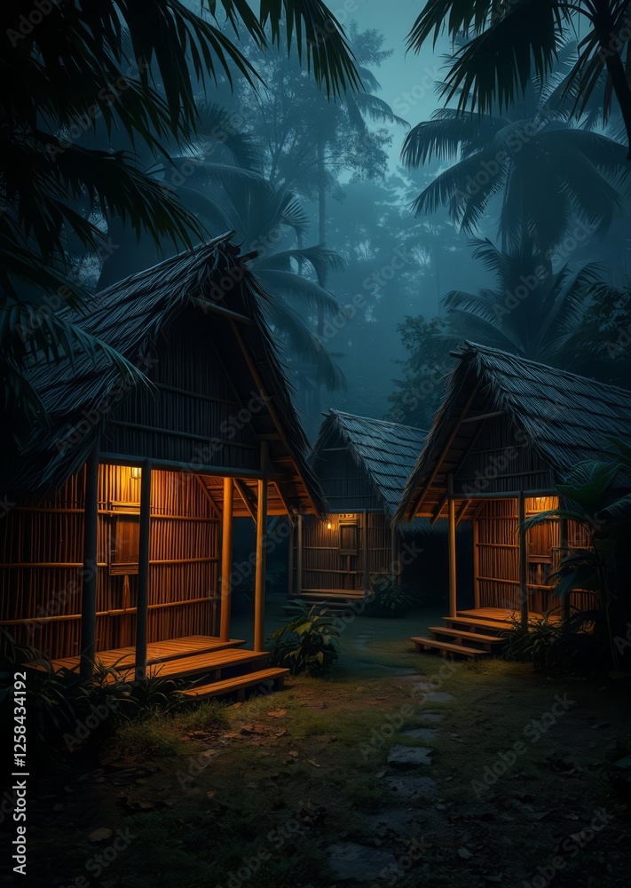 Huts made of bamboo in a dense jungle vector art illustration images bamboo house background beautiful bamboo asian seaport baltic sea antebellum