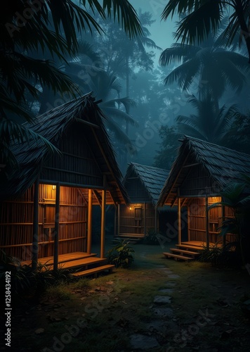 Obraz na płótnie Huts made of bamboo in a dense jungle vector art illustration images bamboo house background beautiful bamboo asian seaport baltic sea antebellum w salonie