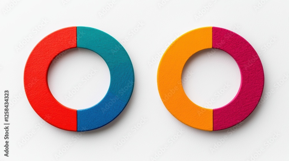 Two circular, colorful shapes with distinct halves, showcasing vibrant colors: red and blue on the left, orange and pink on the right. Two circular, colorful shapes with distinct halves, showcasing vibrant colors: red and blue on the left, orange and pink on the right.