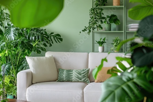 A cozy living room filled with numerous green plants