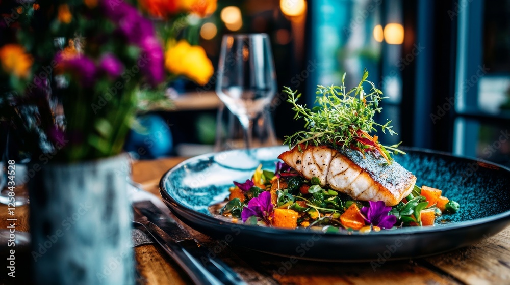 Gourmet dish of pan-seared fish served with vibrant vegetables and fresh herbs on a stylish ceramic plate Gourmet dish of pan-seared fish served with vibrant vegetables and fresh herbs on a stylish ceramic plate
