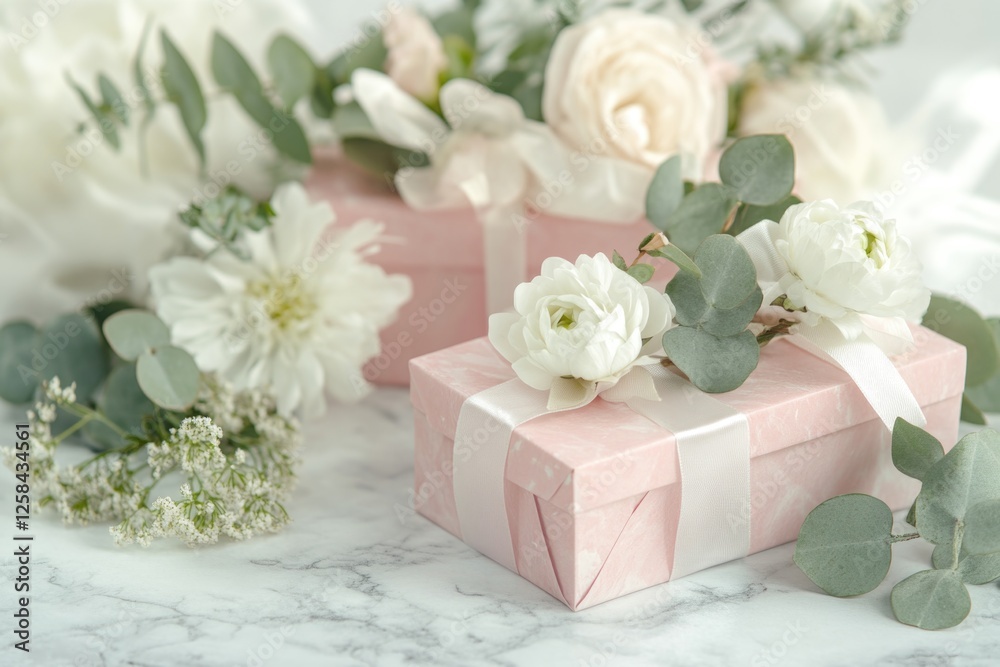 Two decorative pink boxes adorned with white flowers sit on a marble surface Two decorative pink boxes adorned with white flowers sit on a marble surface