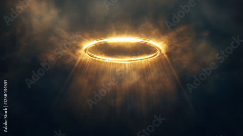Glowing celestial golden halo shining through dark clouds with heavenly light rays – divine ethereal background for spiritual and fantasy concepts