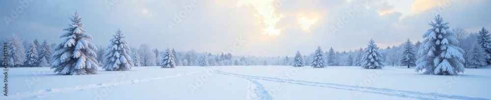 Snowy landscape with frozen trees in the distance, snow, mountains Snowy landscape with frozen trees in the distance, snow, mountains