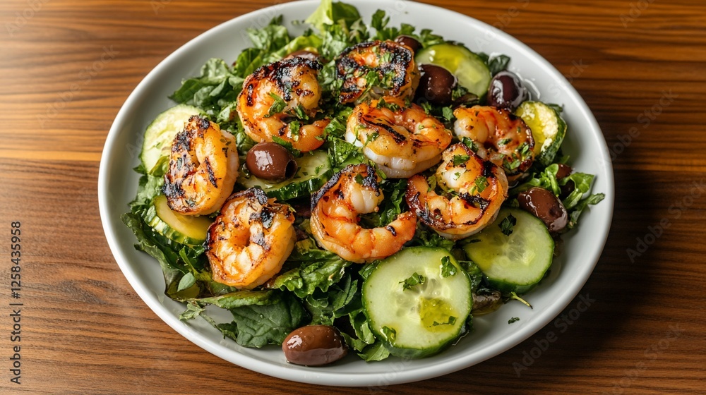 Grilled shrimp salad with cucumbers, olives, and greens on a white plate. Grilled shrimp salad with cucumbers, olives, and greens on a white plate.