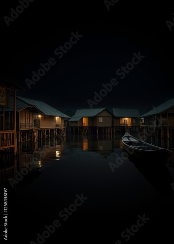 Obraz na płótnie Traditional stilts wooden and bamboo houses and long boats on ayewadee river in mandalay myanmar (burma) bamboo house background beautiful bamboo asian seaport baltic sea antebellum w salonie